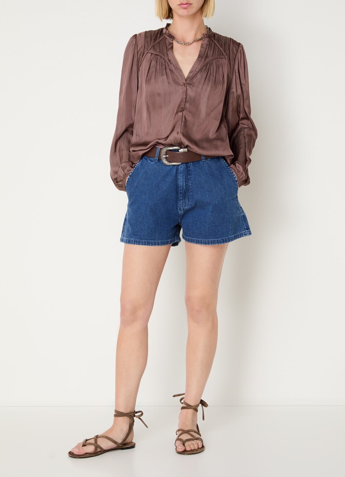 ba&sh Cesira blouse met plooidetail - voorkant 2 bruin