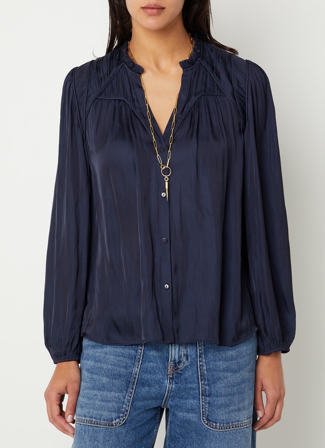ba&sh Cesira blouse met plooidetail - detail 3 donkerblauw