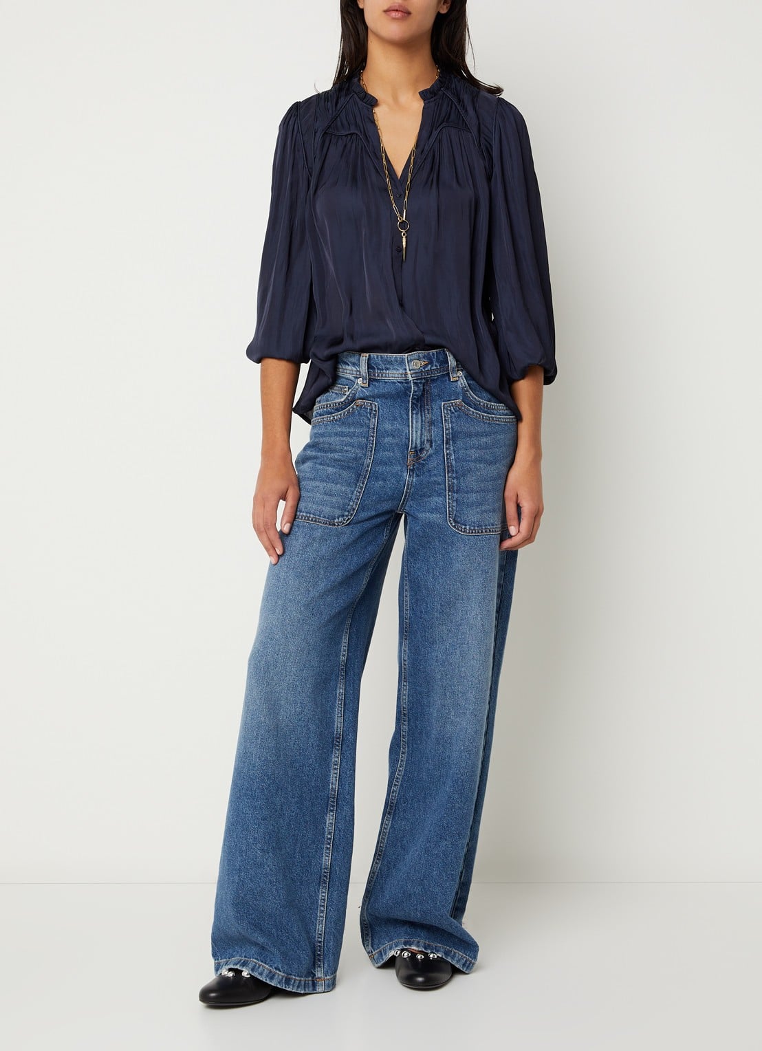 ba&sh Cesira blouse met plooidetail - voorkant 2 donkerblauw