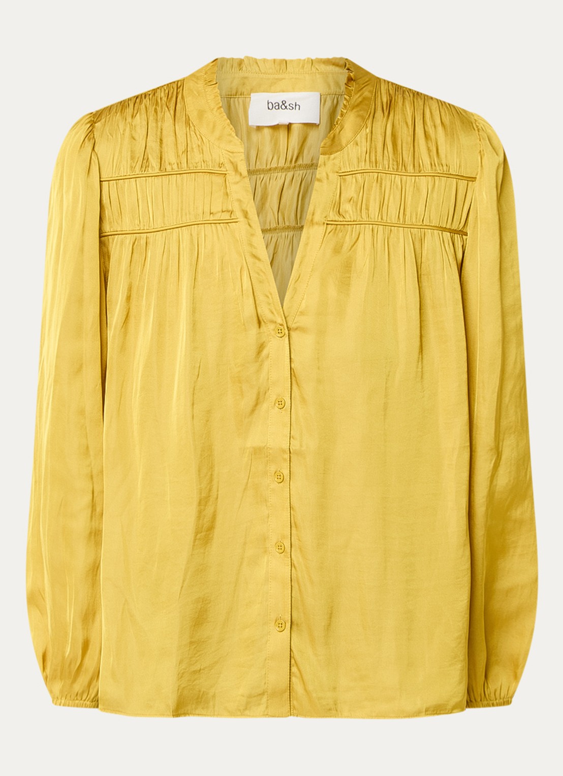ba&sh Cessia blouse van satijn met ruches - voorkant 3 okergeel