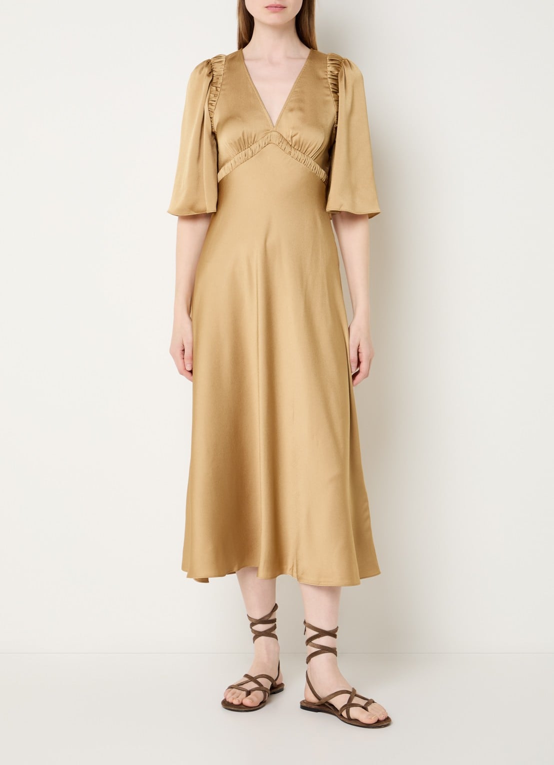 ba&sh Charlotte midi jurk met V-hals - detail 3 camel