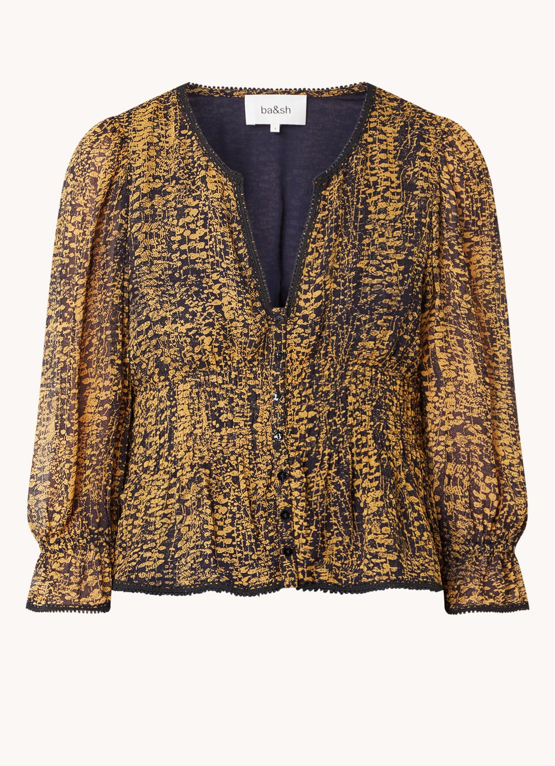 ba&sh Chili semi-transparante top met print en smockwerk - voorkant 2 okergeel