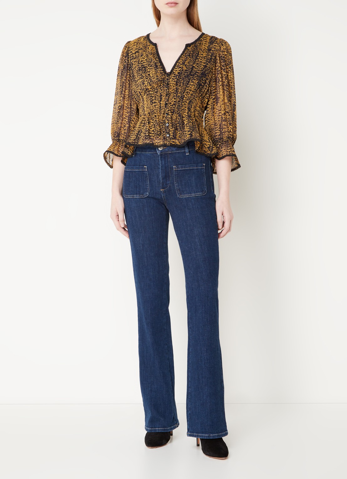 ba&sh Chili semi-transparante top met print en smockwerk - voorkant 3 okergeel
