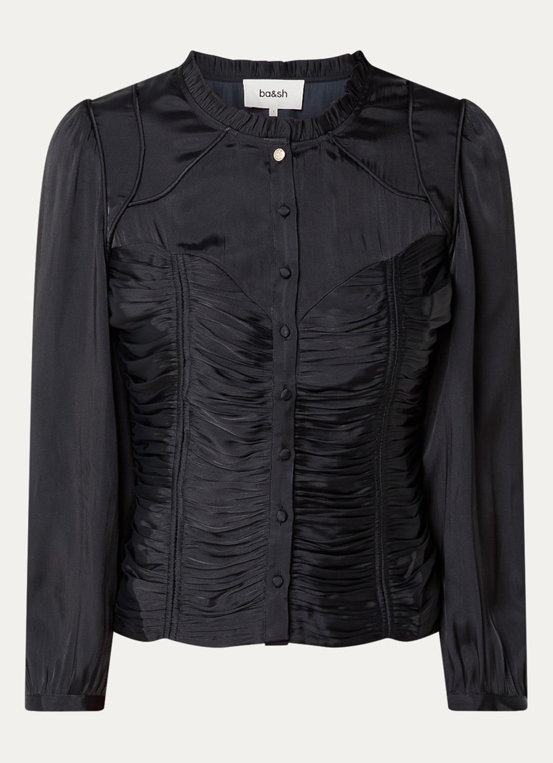 ba&sh Cimila blouse van satijn met smockwerk - voorkant zwart