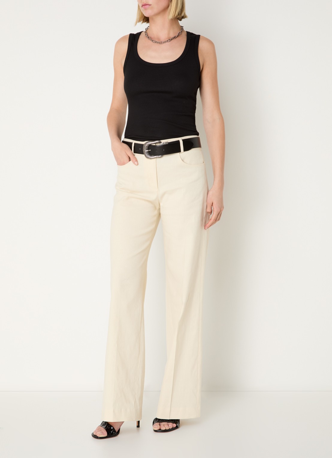 ba&sh Cista mid waist straight fit pantalon in linnenblend - voorkant 3 ivoor