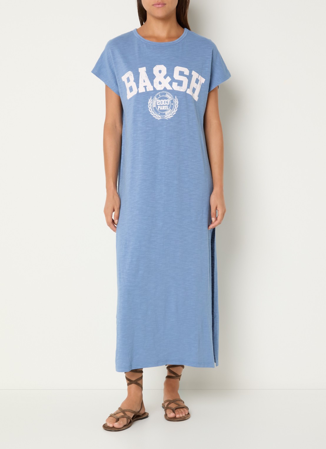 ba&sh Civia midi T-shirt jurk met logo - detail 4 blauw