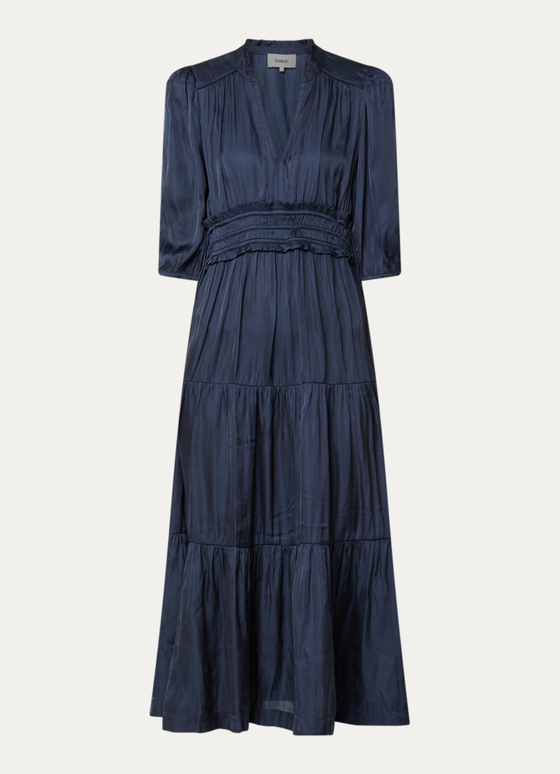 ba&sh Cleli midi tuniekjurk van satijn met volant - voorkant 3 donkerblauw
