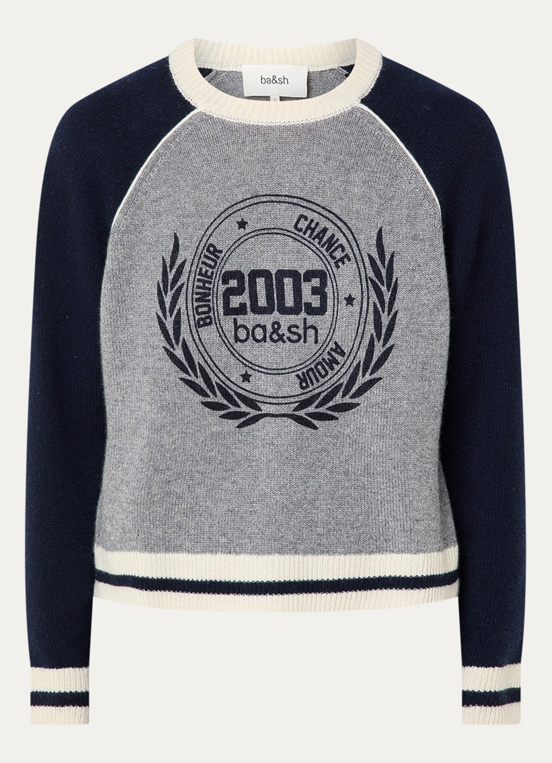 ba&sh Colette fijngebreide trui van kasjmier met logoprint - voorkant 2 donkerblauw