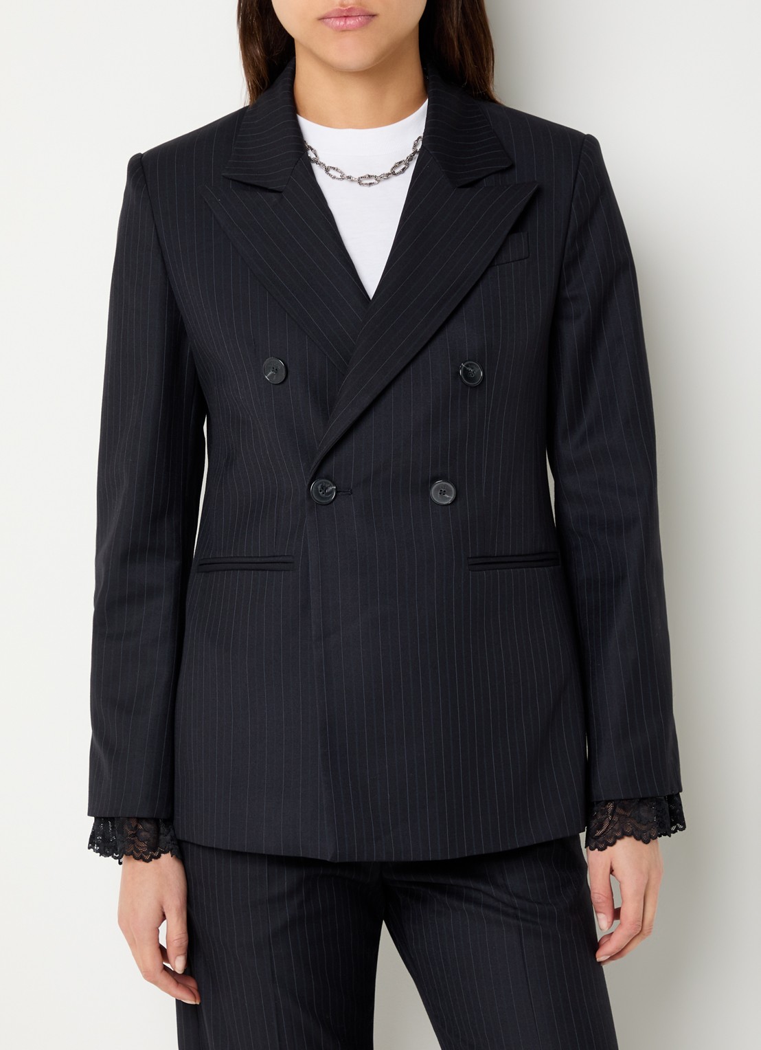 ba&sh Coline double-breasted blazer in wolbend met krijtstreep  - detail donkerblauw