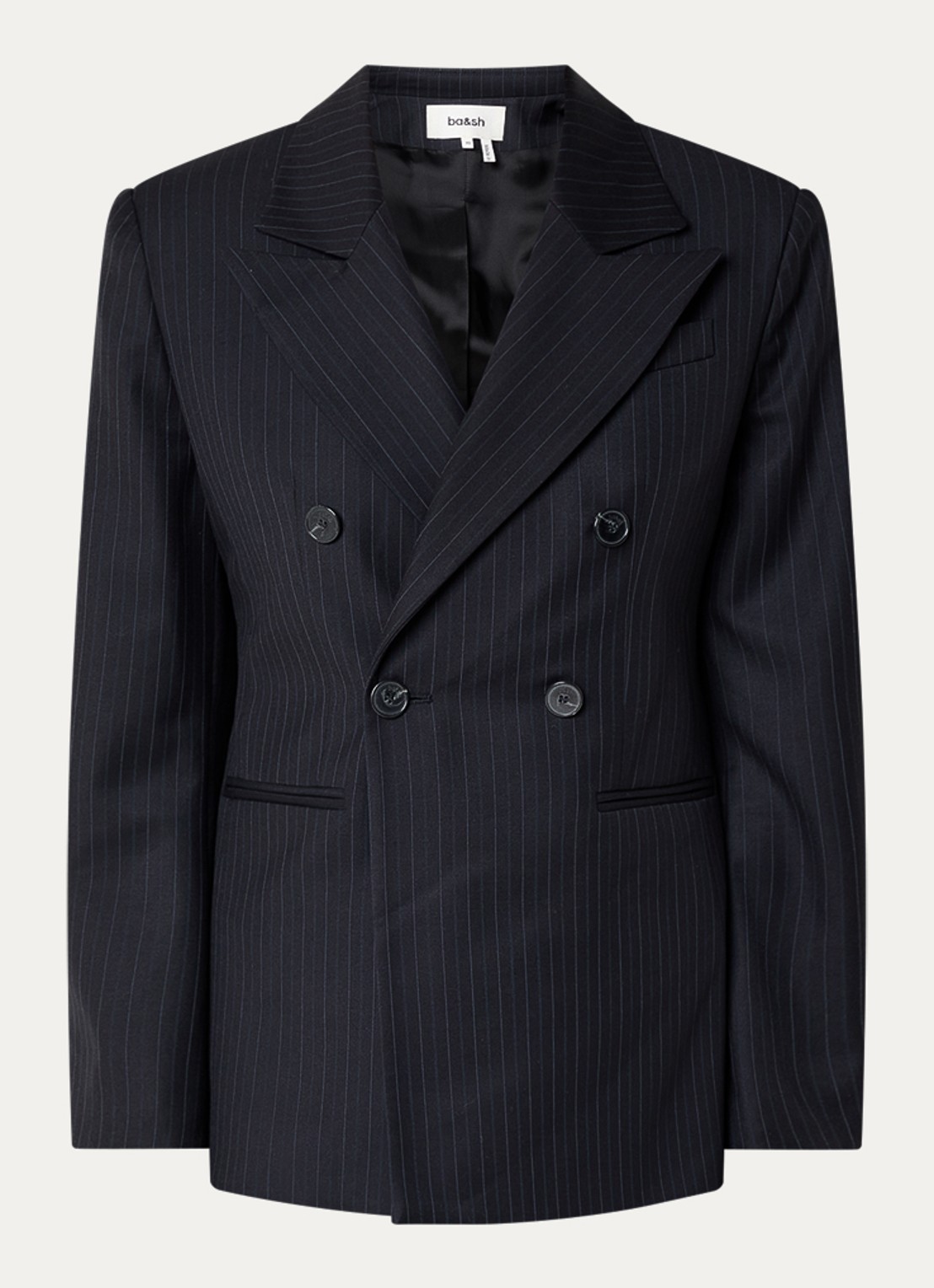 ba&sh Coline double-breasted blazer in wolbend met krijtstreep  - voorkant 2 donkerblauw