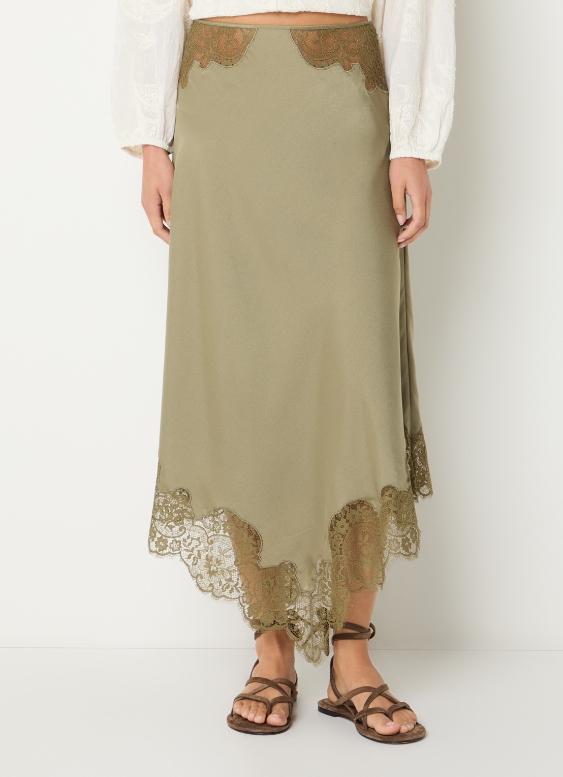 ba&sh Coni midi rok van satijn met details van kant - detail olijfgroen