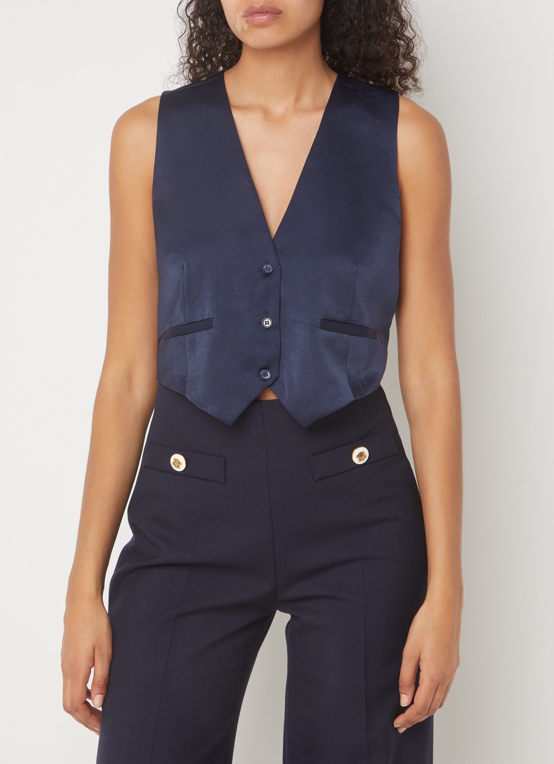 ba&sh Corali cropped gilet van satijn - detail donkerblauw