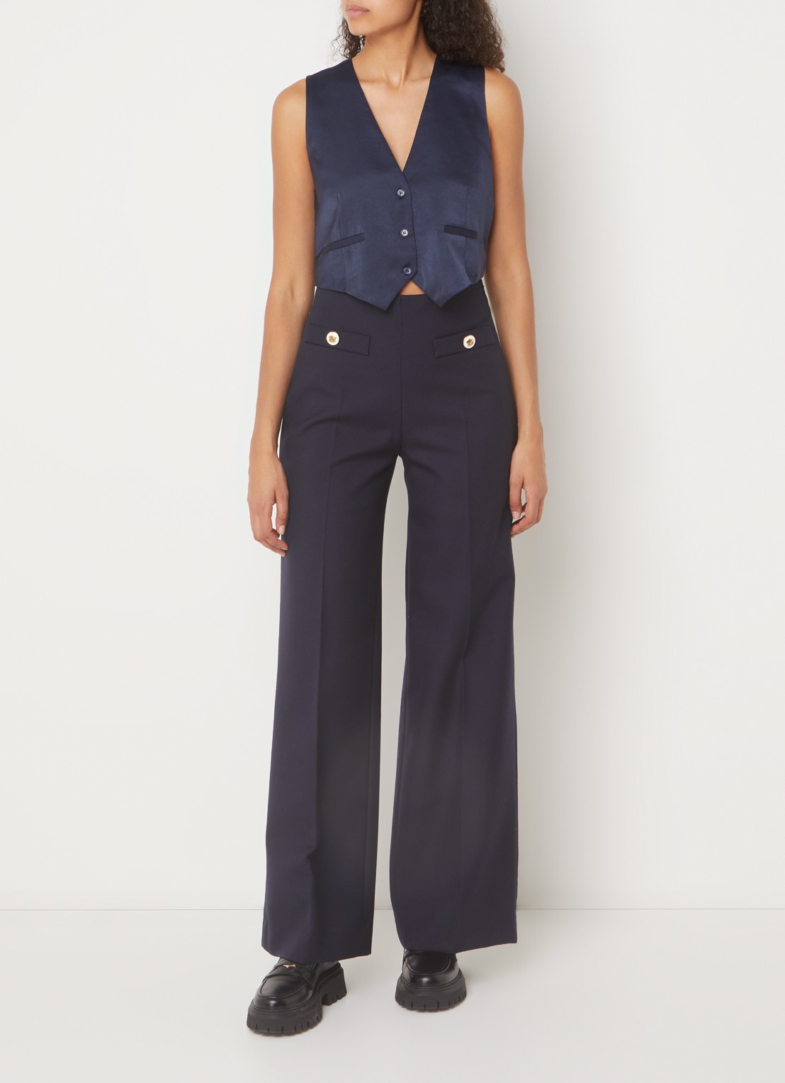 ba&sh Corali cropped gilet van satijn - voorkant 4 donkerblauw