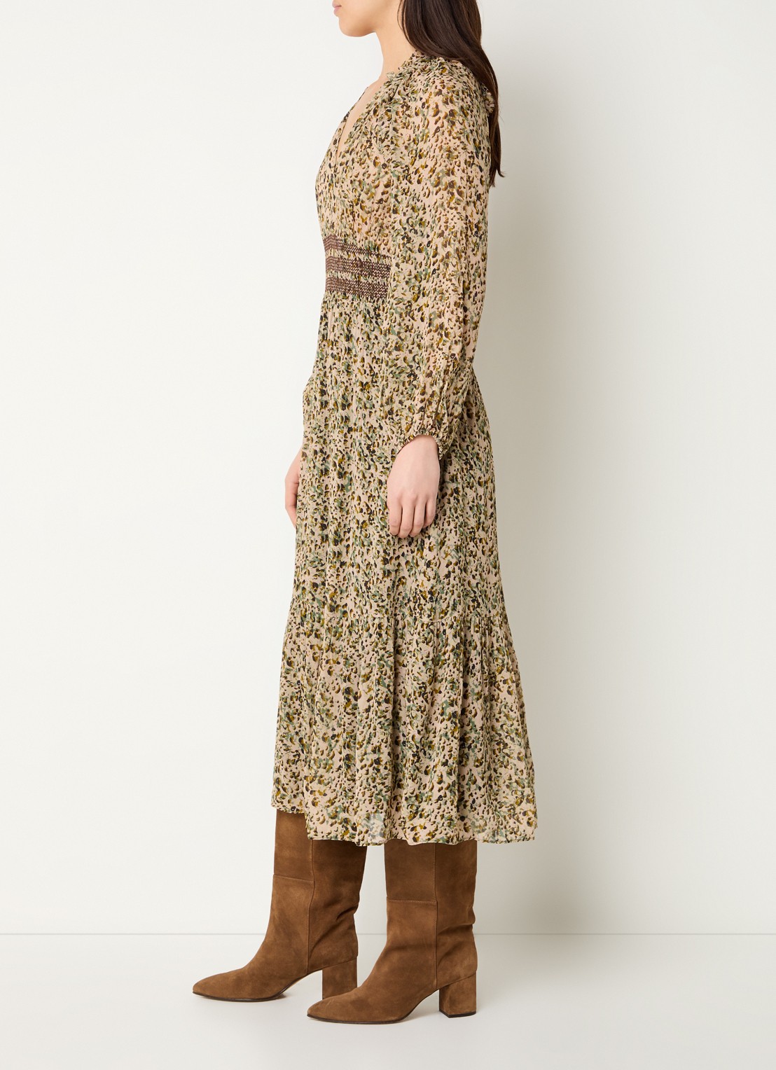 ba&sh Coraly midi tuniekjurk met pofmouw en print - voorkant 3 legergroen