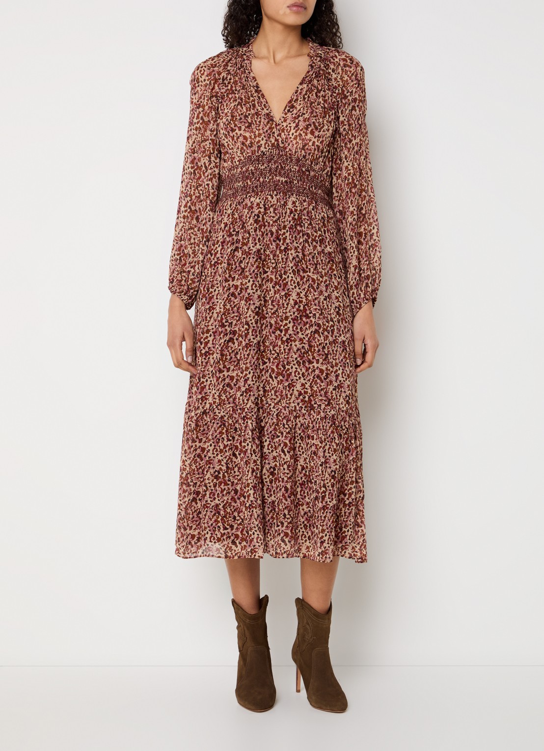 ba&sh Coraly midi tuniekjurk met pofmouw en print - detail 4 bordeauxrood