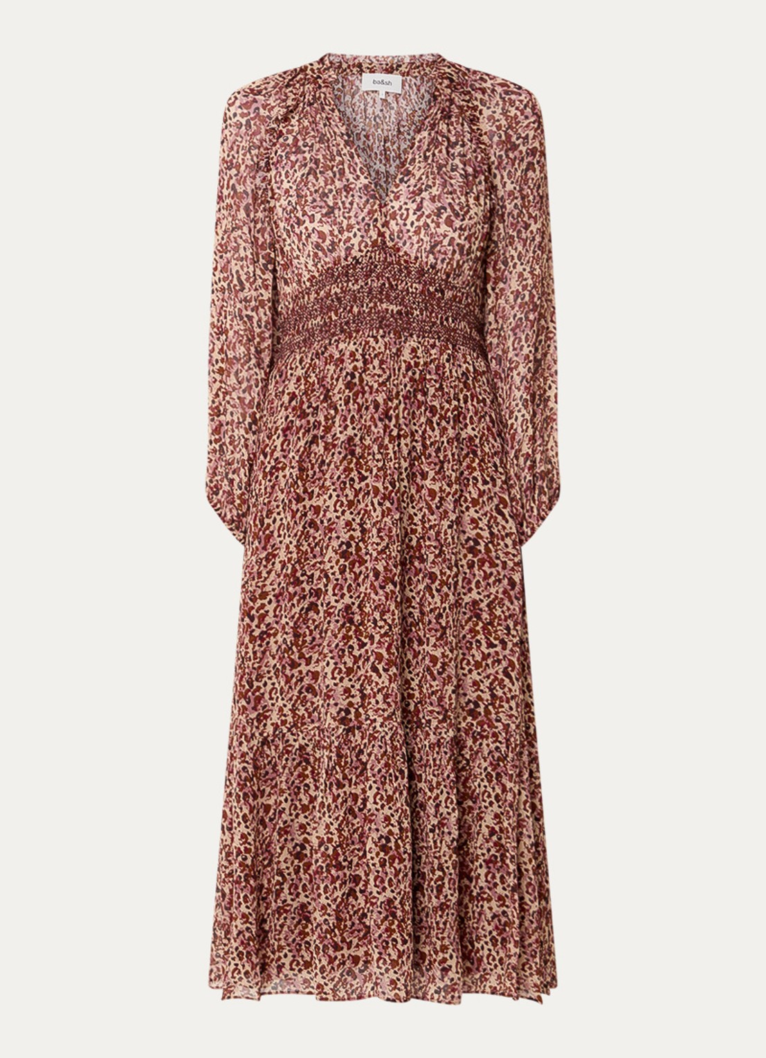 ba&sh Coraly midi tuniekjurk met pofmouw en print - voorkant 2 bordeauxrood