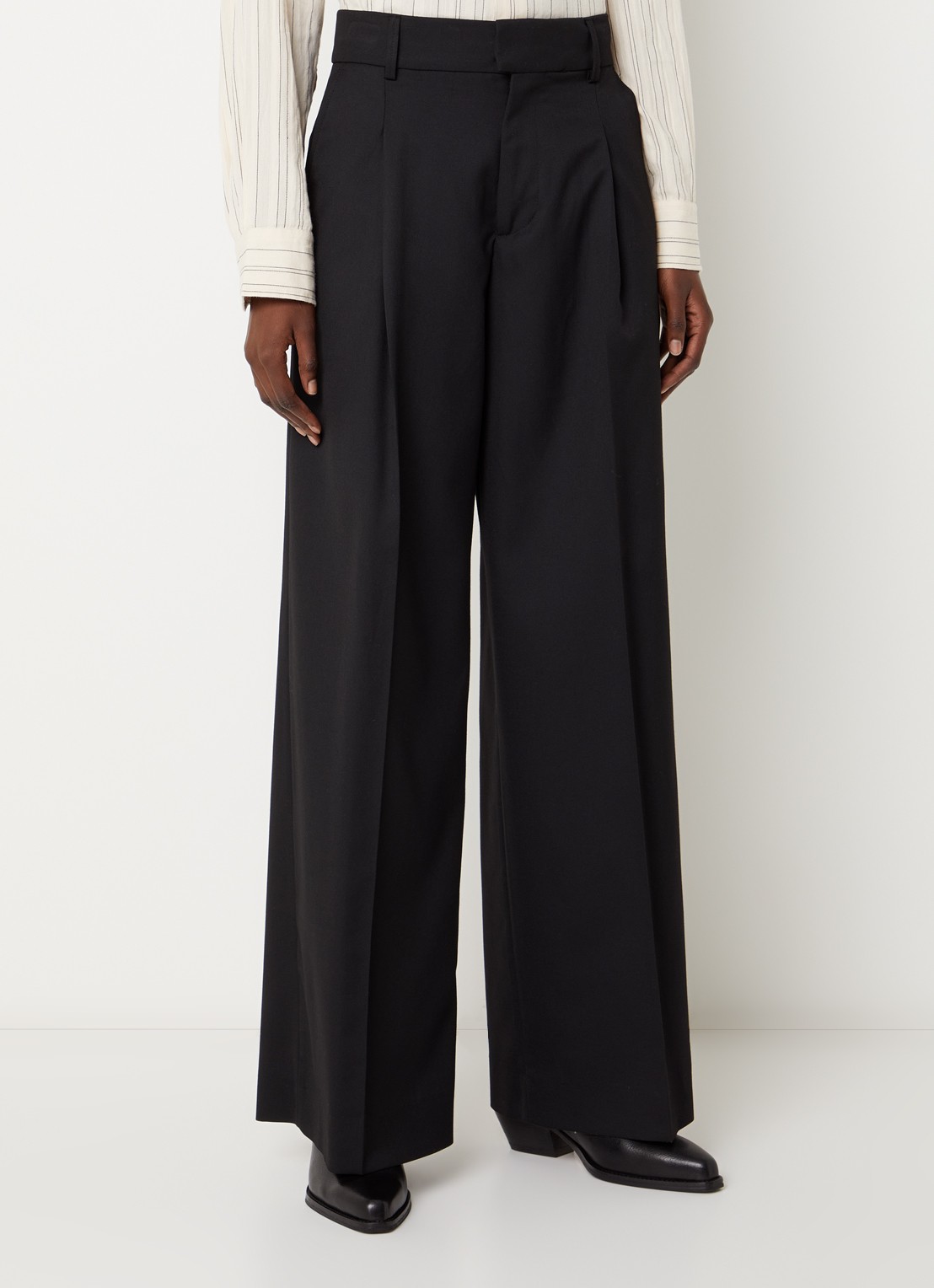 ba&sh Cravy high waist wide fit broek in wolblend - detail 4 zwart