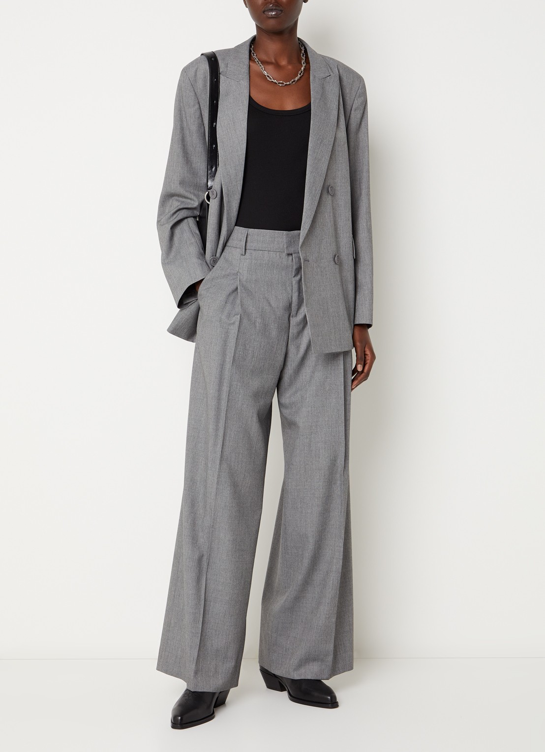 ba&sh Cravy high waist wide fit broek in wolblend - voorkant 4 grijsmele