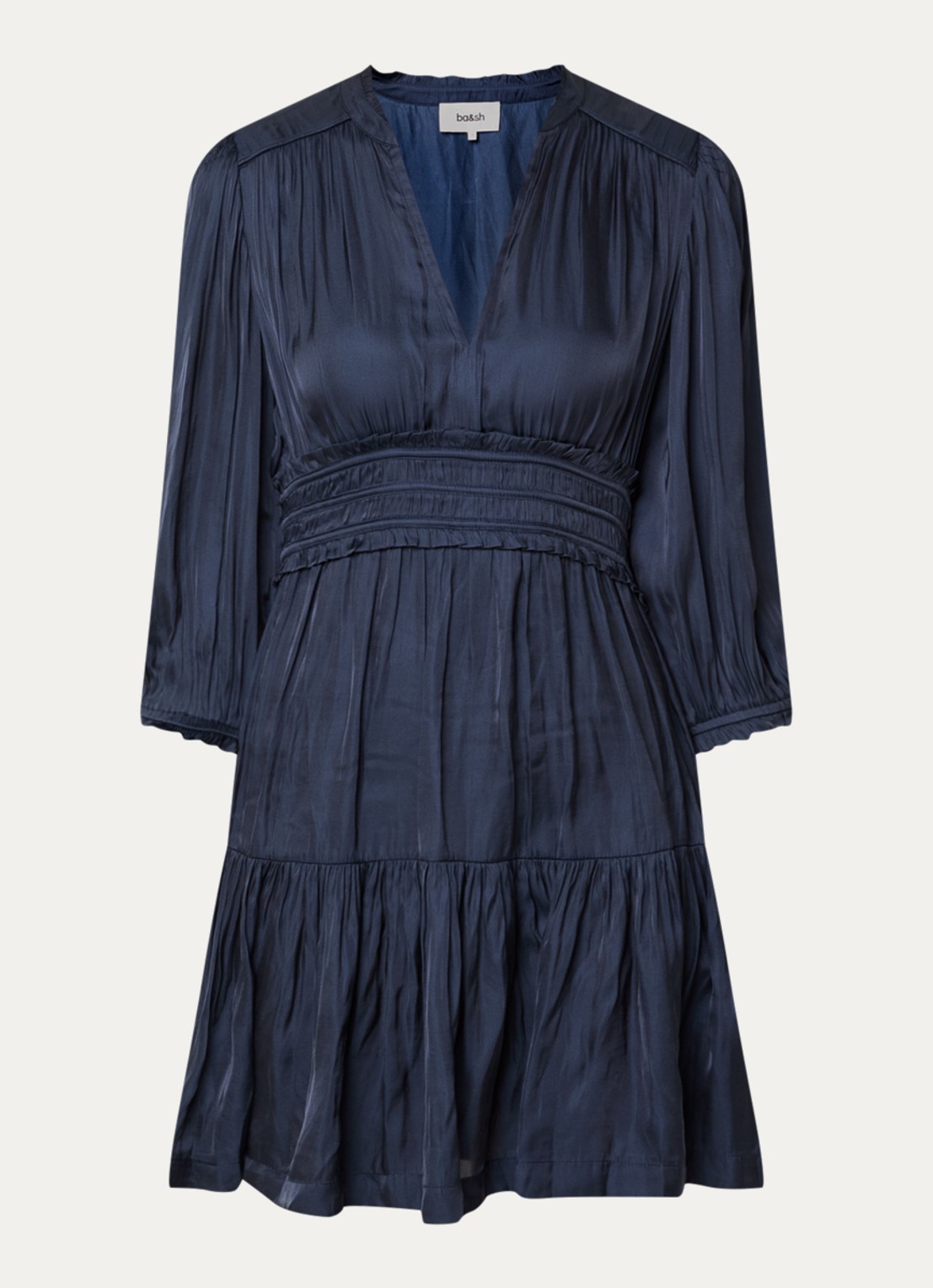ba&sh Cyrilia mini tuniekjurk van satijn met smockwerk - voorkant donkerblauw