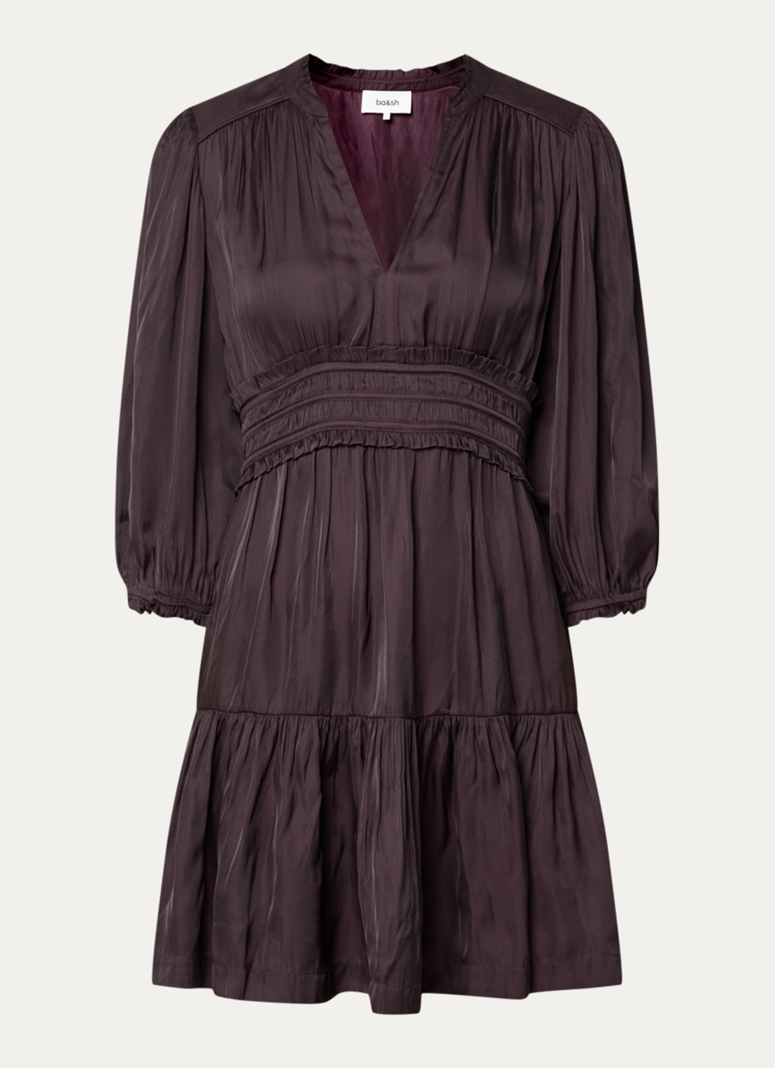 ba&sh Cyrilia mini tuniekjurk van satijn met smockwerk - voorkant aubergine