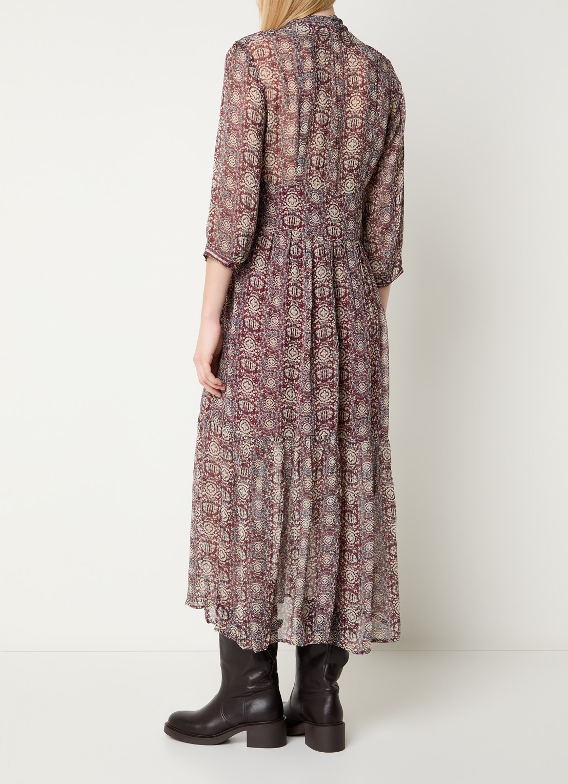 ba&sh Dazzle maxi blousejurk met print - achterkant 2 cranberryrood