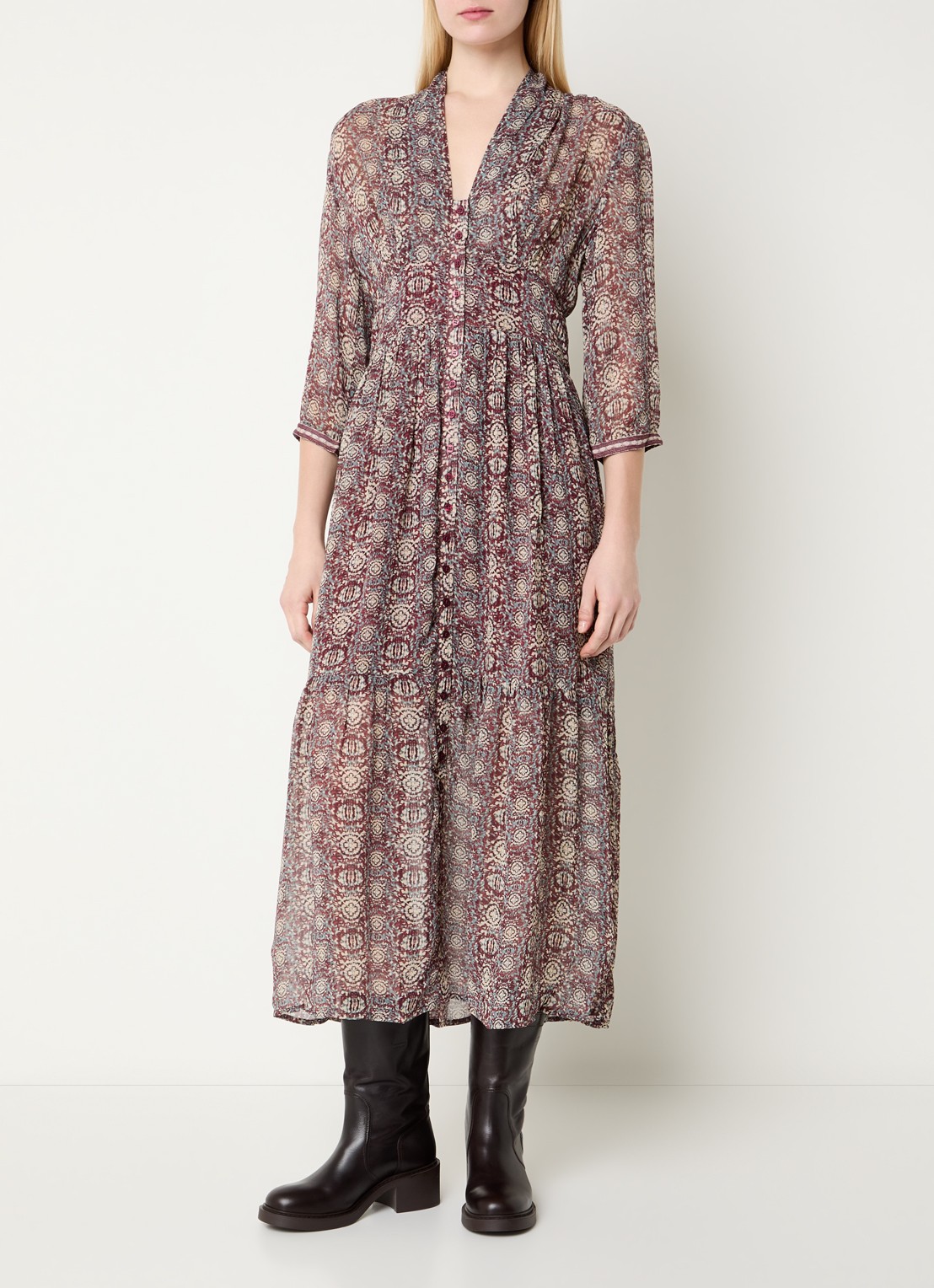ba&sh Dazzle maxi blousejurk met print - detail cranberryrood