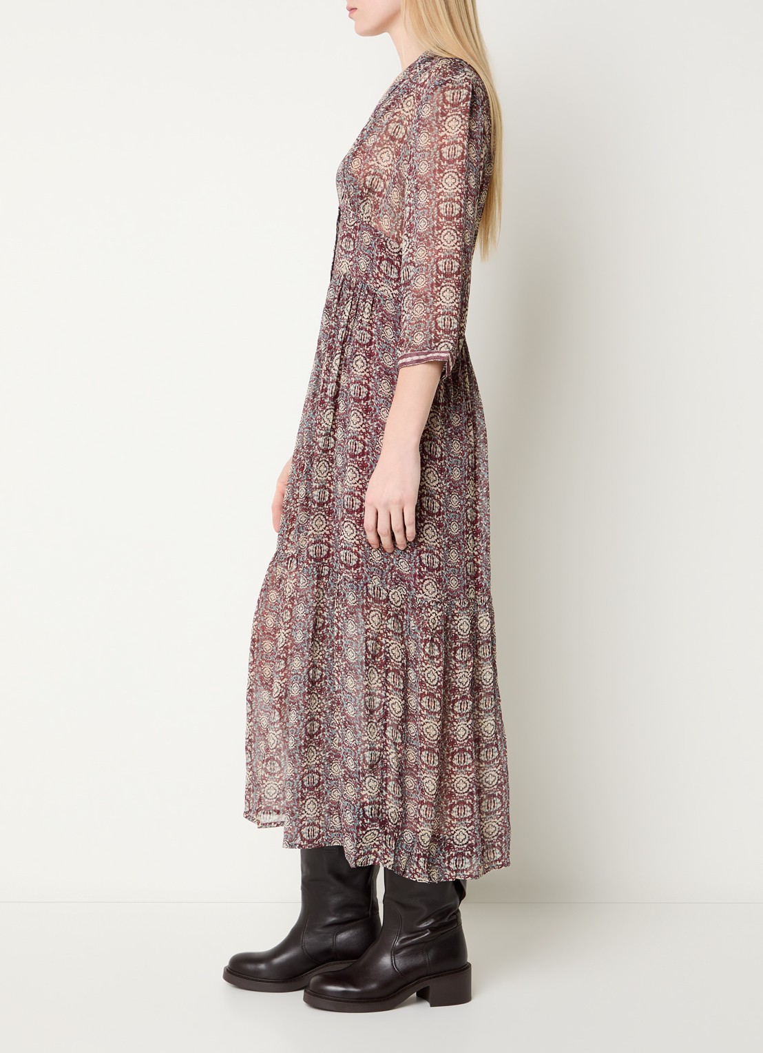 ba&sh Dazzle maxi blousejurk met print - voorkant 4 cranberryrood