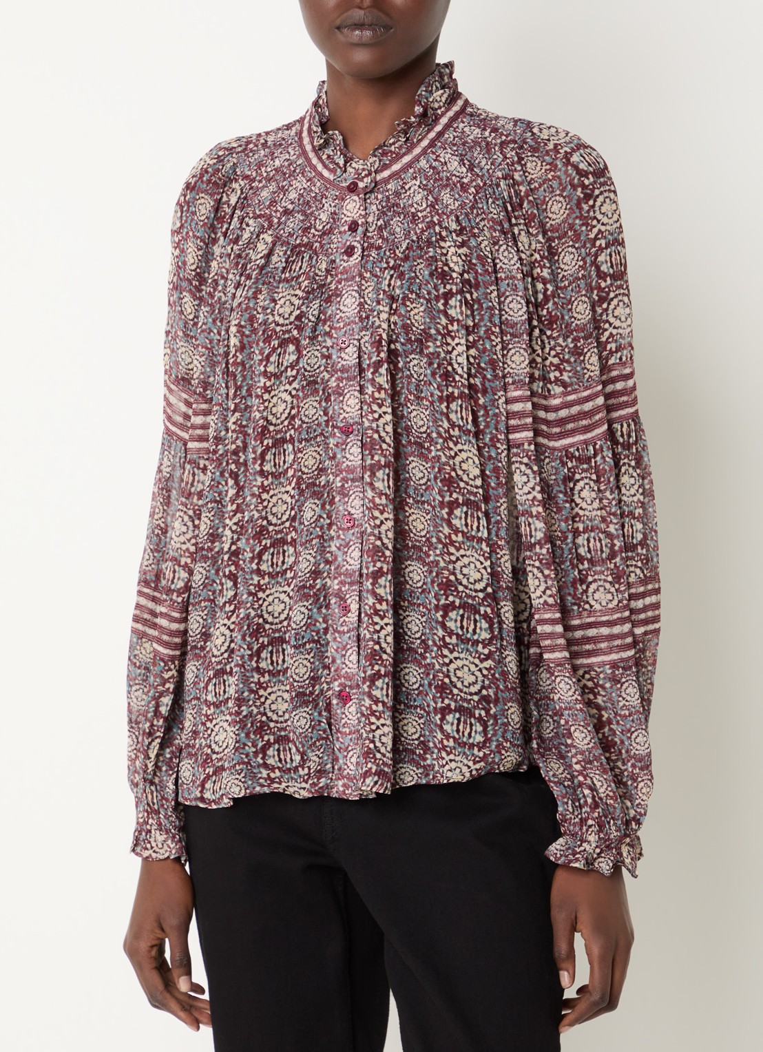 ba&sh Denna tuniek met print en V-hals - detail 4 bordeauxrood