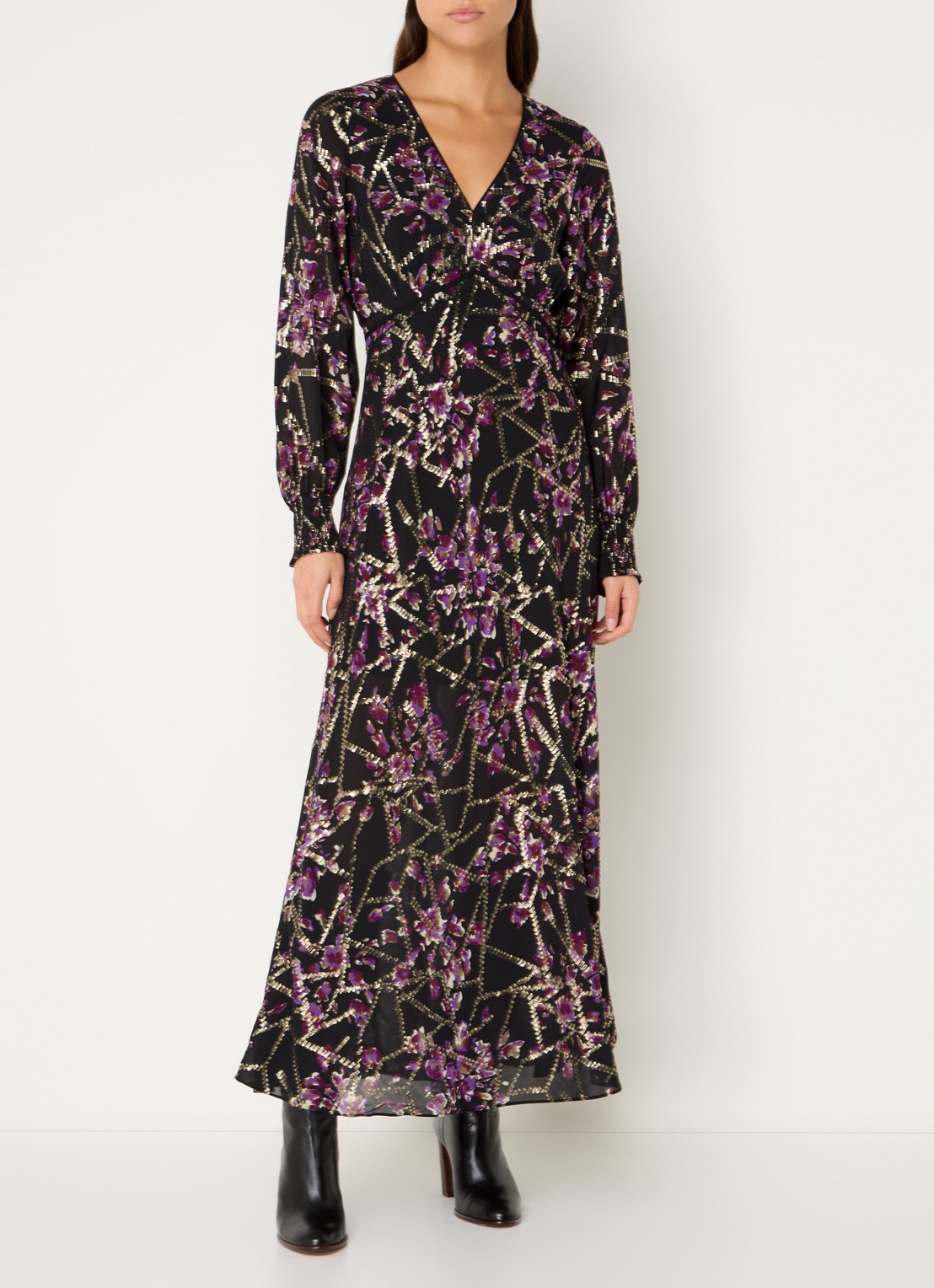 ba&sh Desir maxi tuniekjurk in zijdeblend met print en lurex - detail 4 zwart