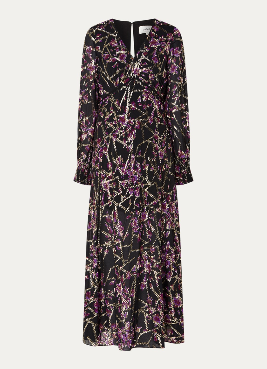 ba&sh Desir maxi tuniekjurk in zijdeblend met print en lurex - voorkant 2 zwart