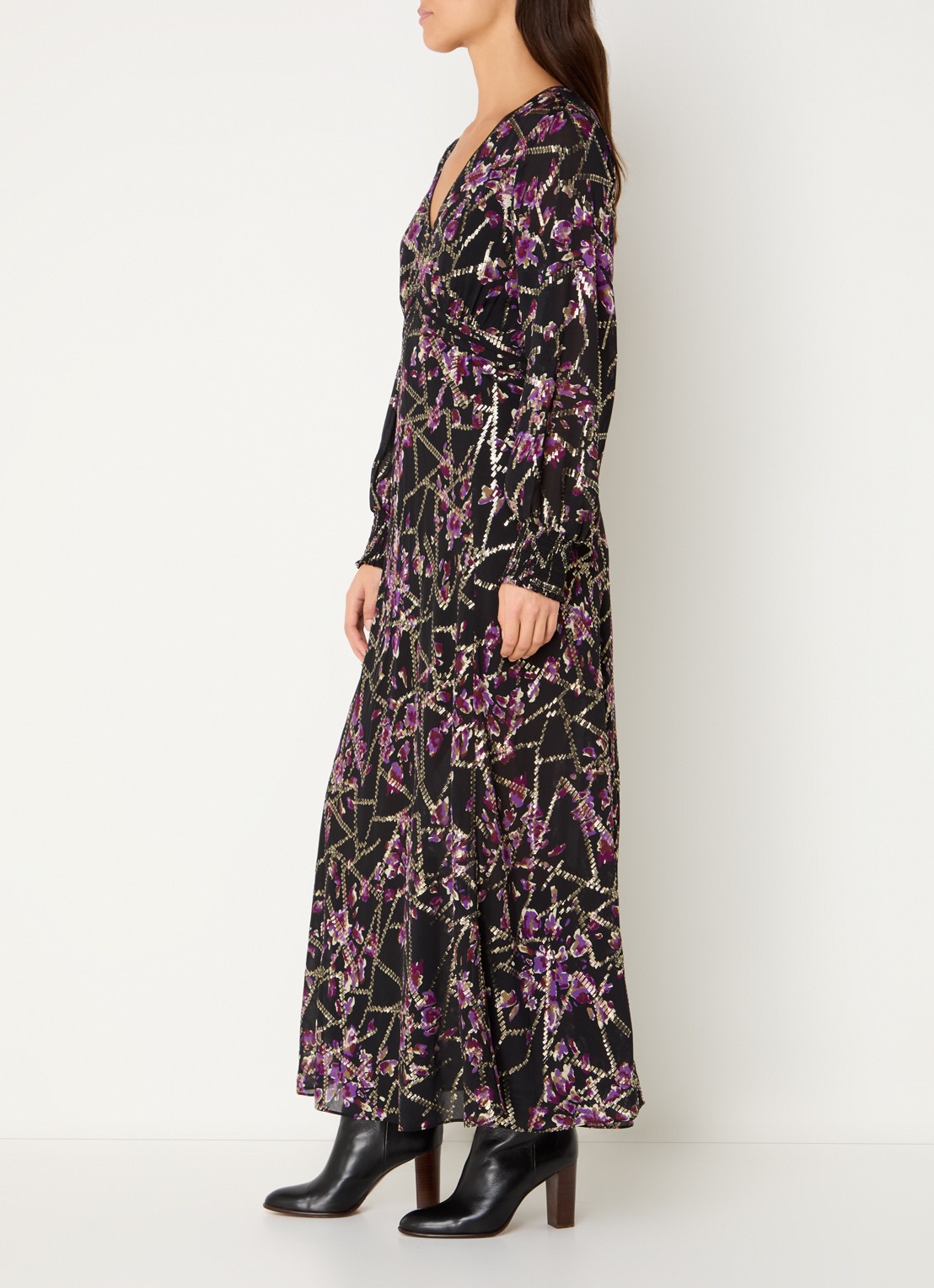 ba&sh Desir maxi tuniekjurk in zijdeblend met print en lurex - voorkant 3 zwart