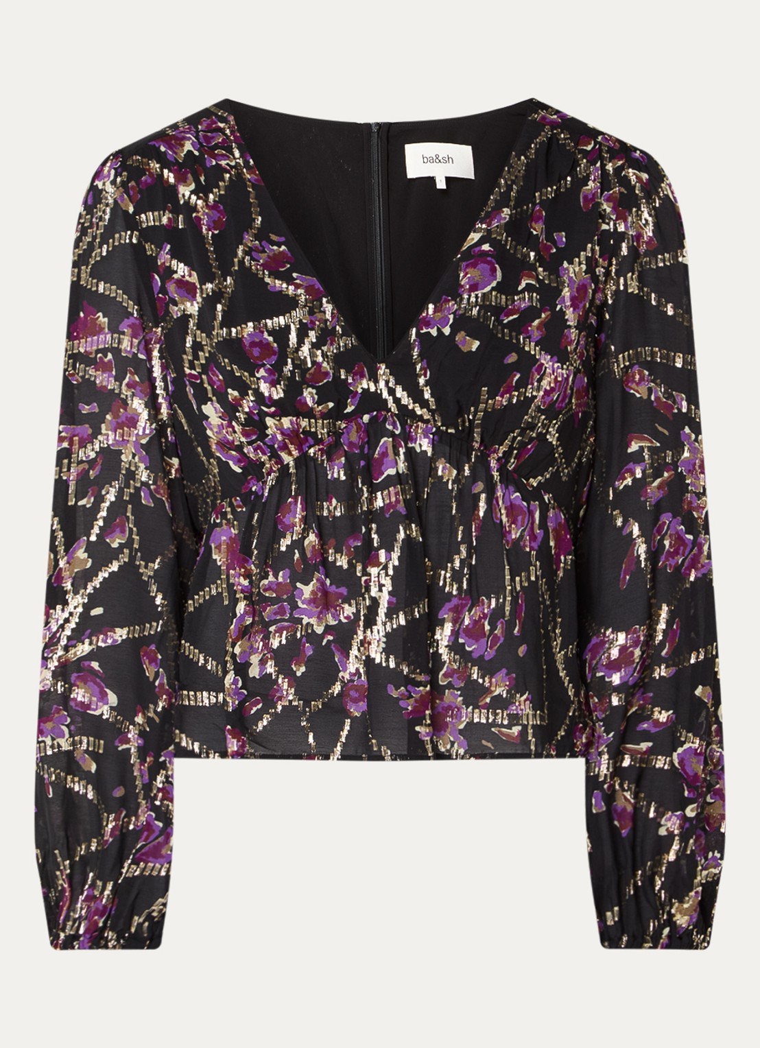 ba&sh Divine top in zijdeblend met print en lurex - voorkant 3 zwart