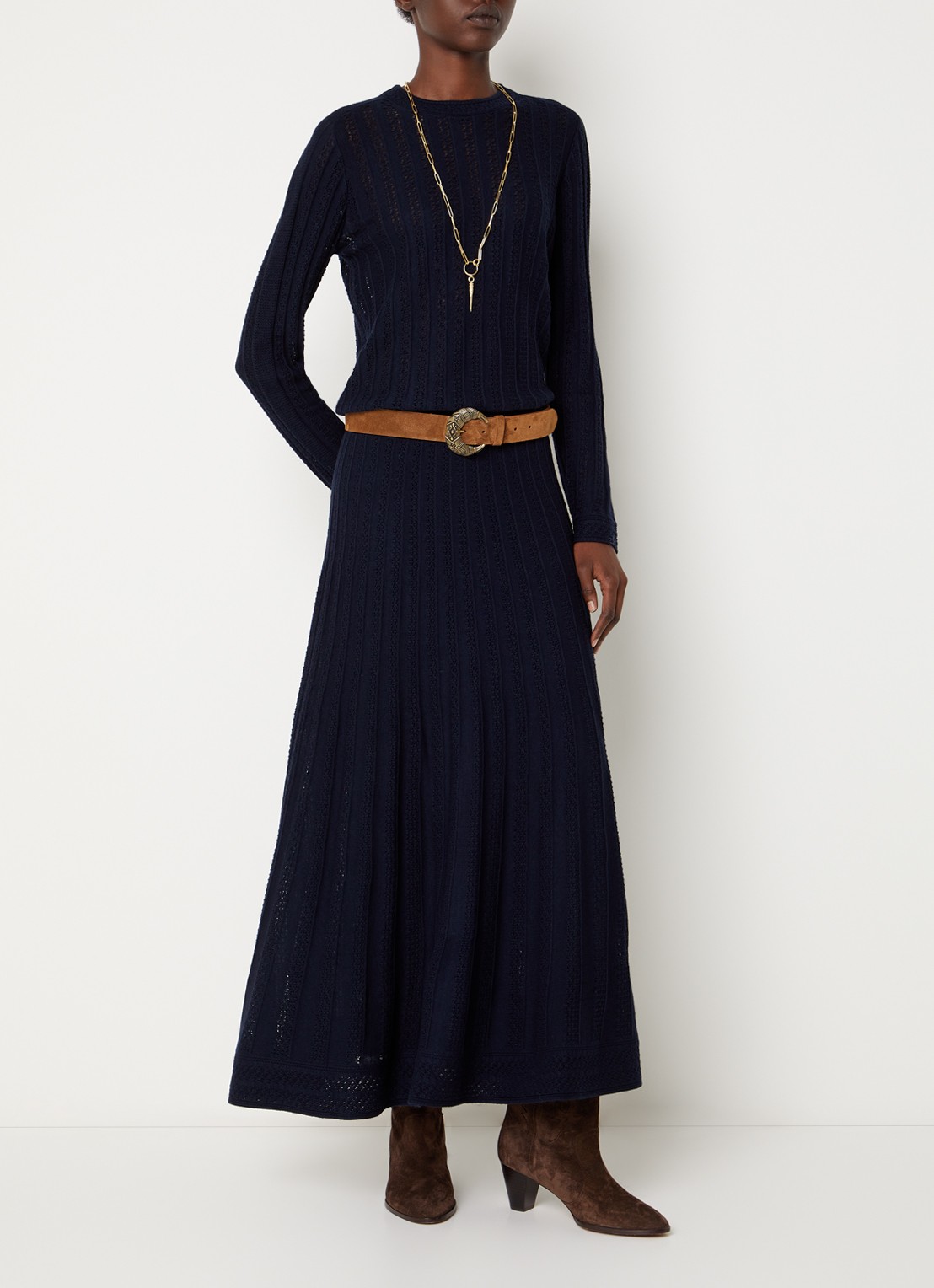 ba&sh Doha maxi rok in wolblend met opengewerkt dessin - voorkant 4 donkerblauw