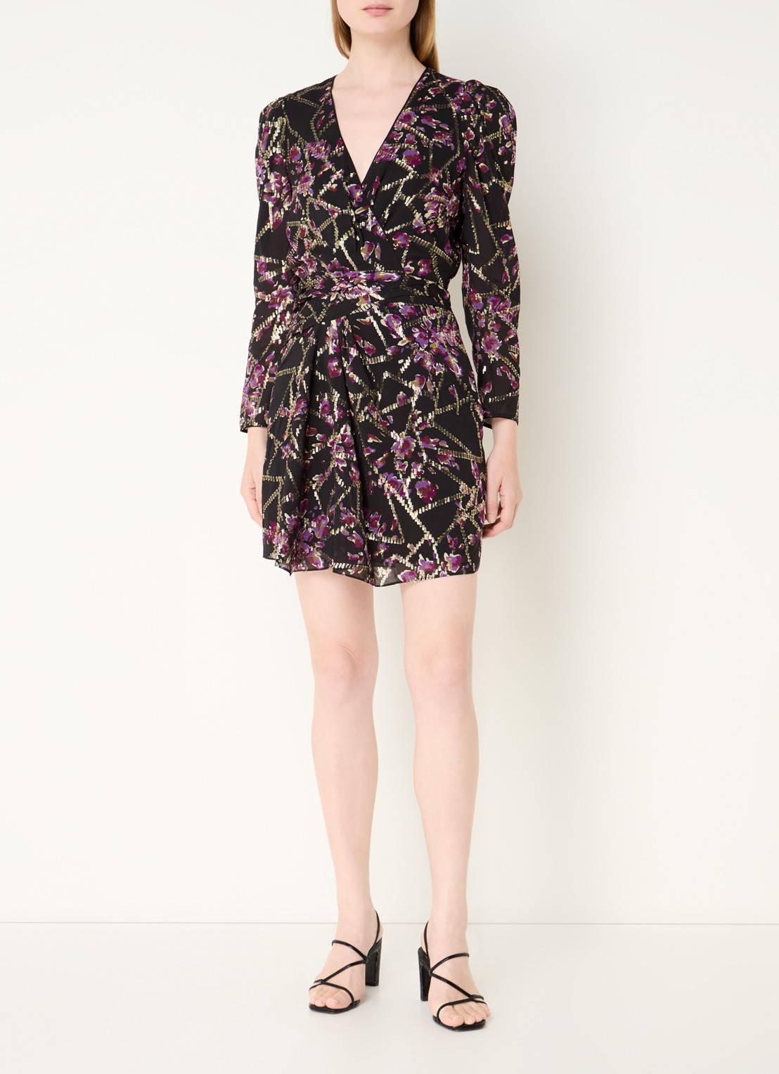 ba&sh Dola mini tuniekjurk in zijdeblend met print en lurex - voorkant 5 zwart