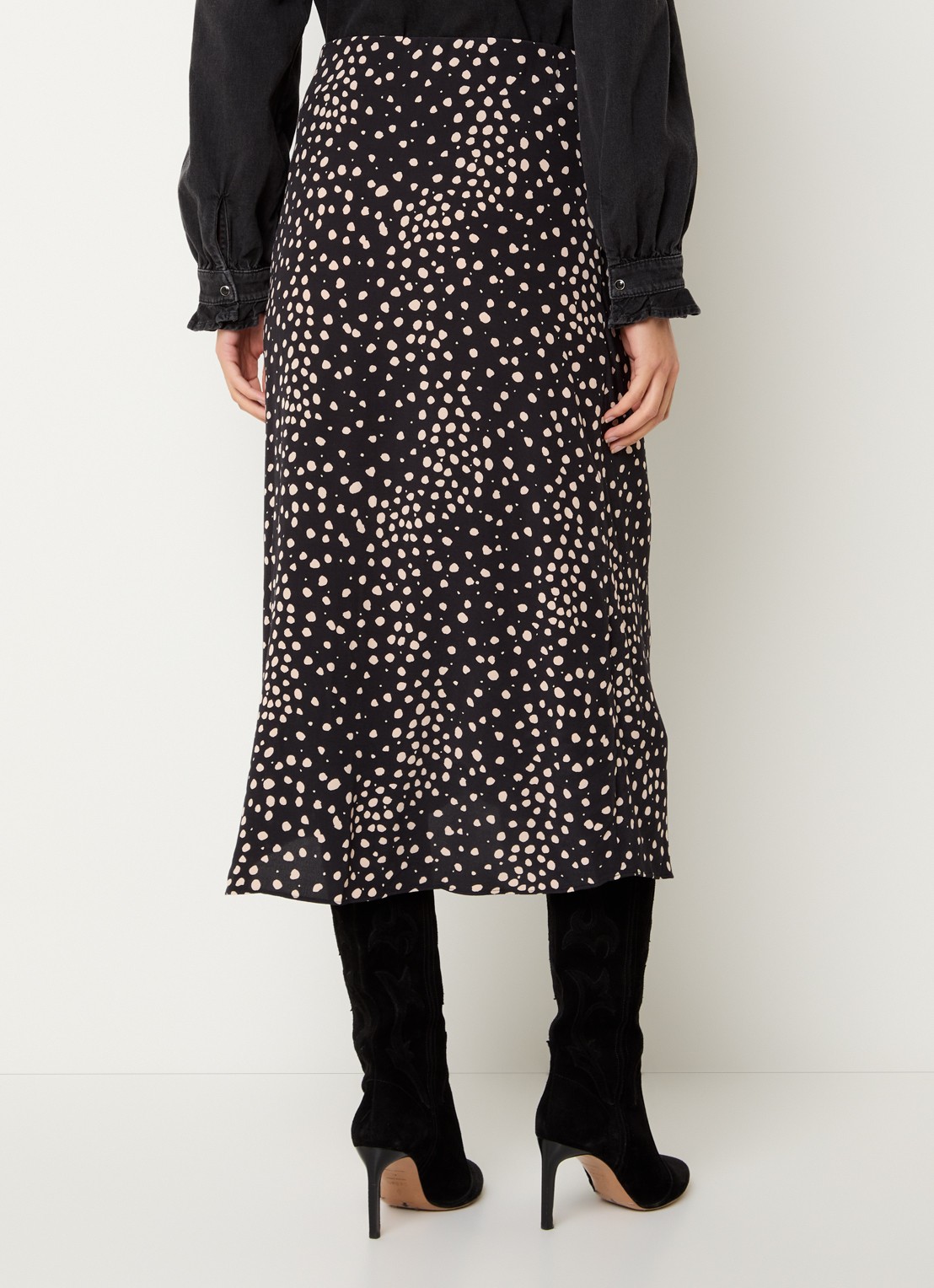 ba&sh Dopera midi rok met stippenprint en asymmetrisch detail - achterkant zwart