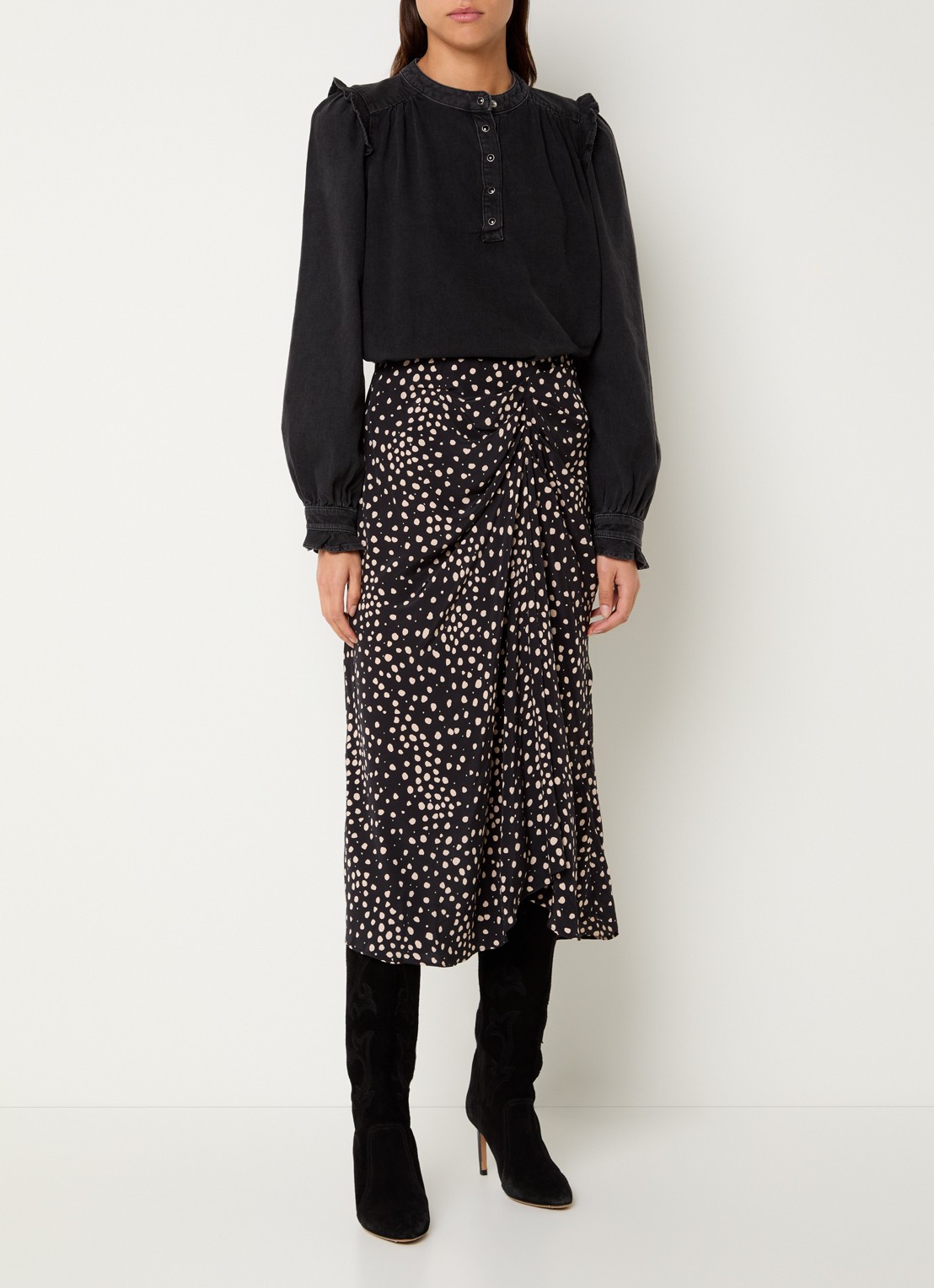 ba&sh Dopera midi rok met stippenprint en asymmetrisch detail - voorkant 4 zwart