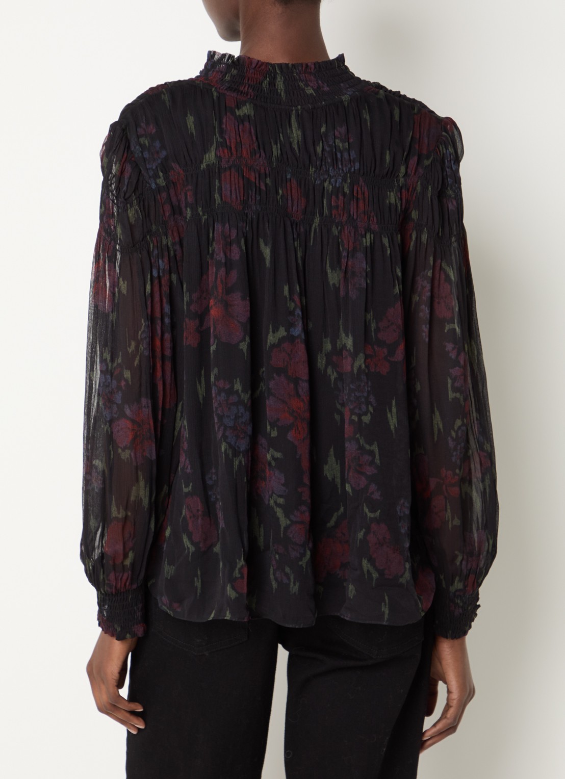 ba&sh Douce semi-transparante tuniek met bloemenprint en smockwerk - achterkant 2 zwart