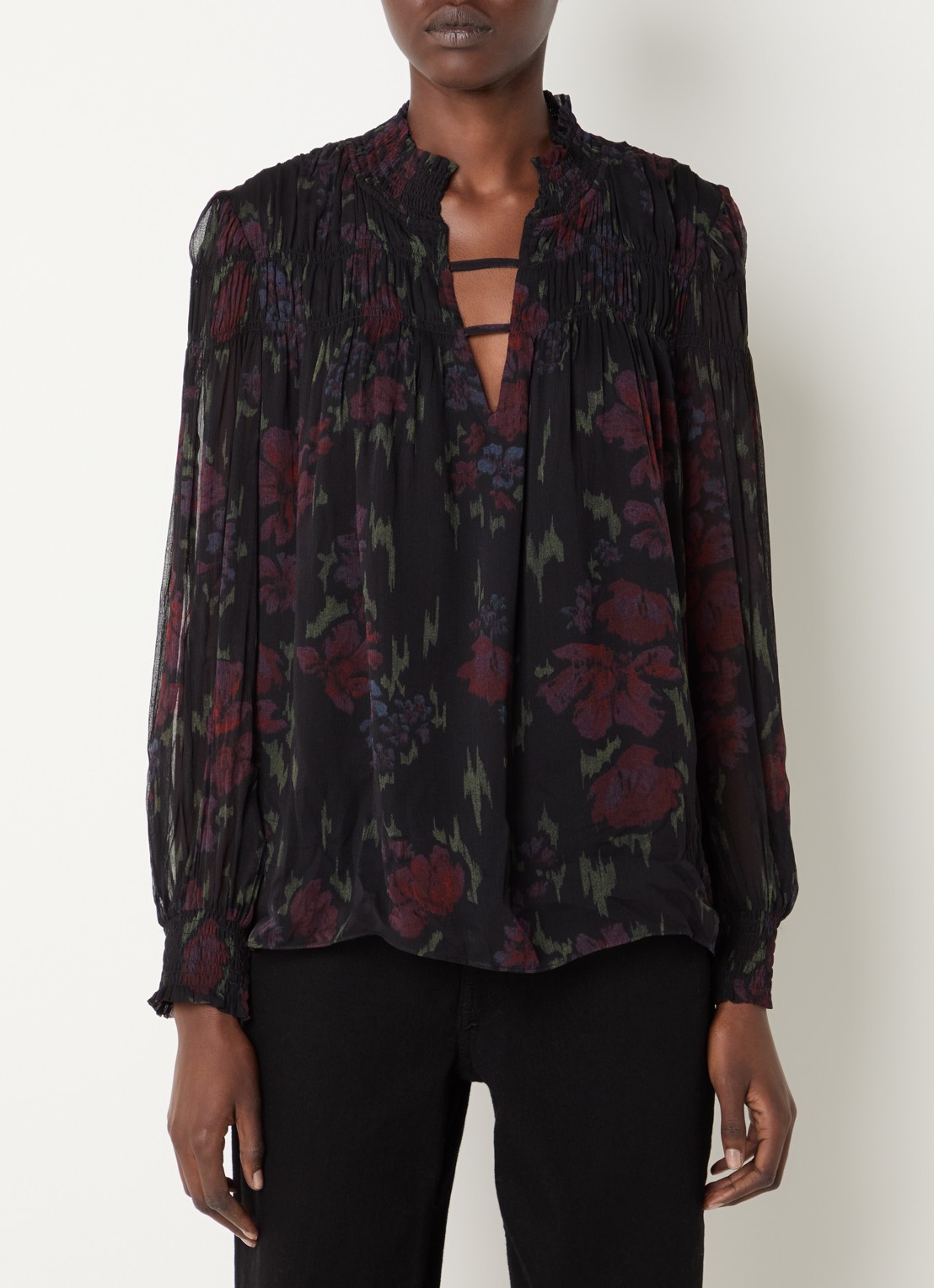 ba&sh Douce semi-transparante tuniek met bloemenprint en smockwerk - detail zwart