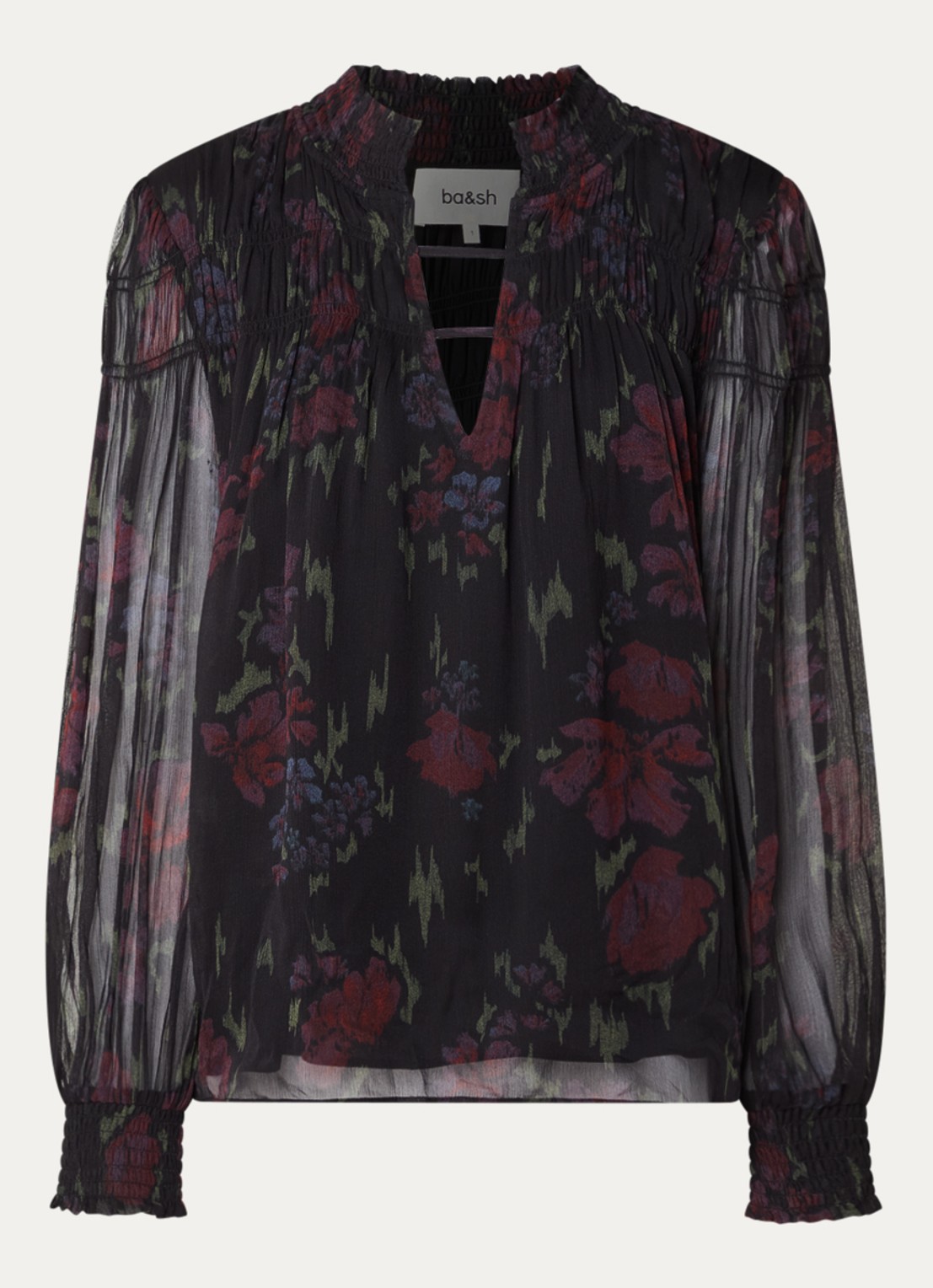 ba&sh Douce semi-transparante tuniek met bloemenprint en smockwerk - voorkant 3 zwart