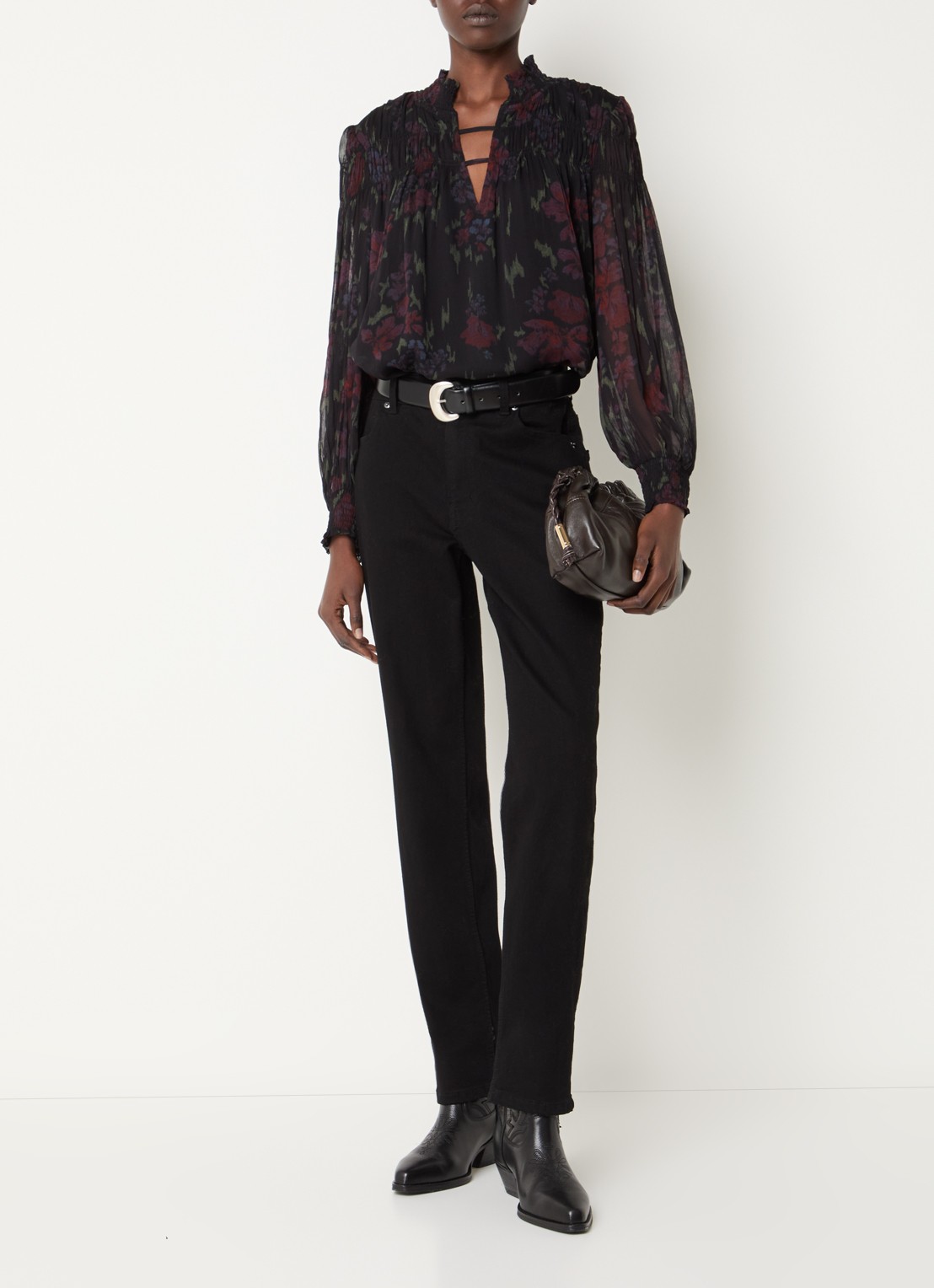 ba&sh Douce semi-transparante tuniek met bloemenprint en smockwerk - voorkant 4 zwart