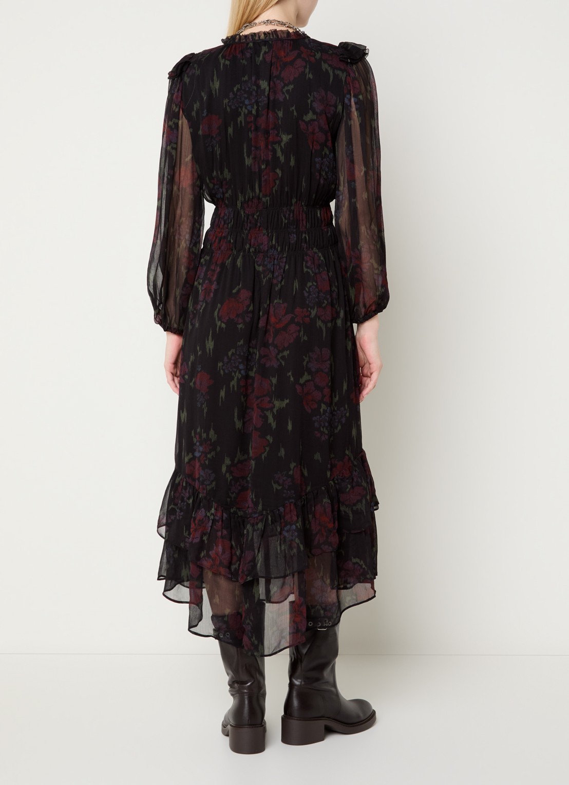 ba&sh Dova maxi jurk met volant en print - achterkant 2 zwart