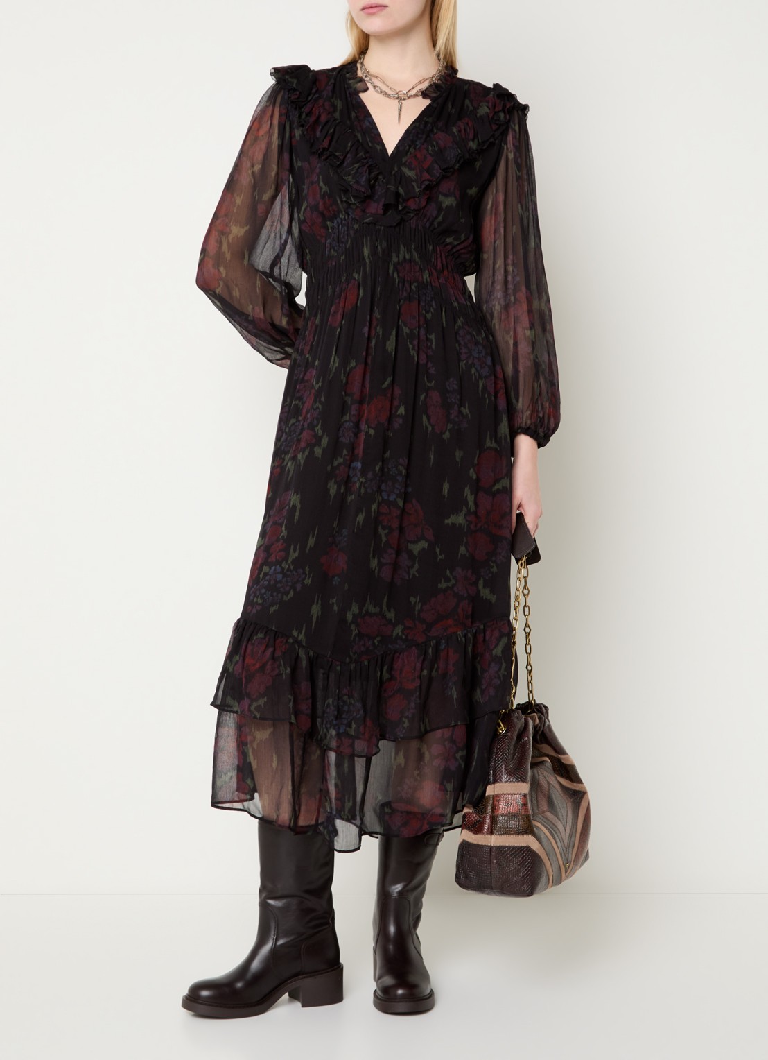 ba&sh Dova maxi jurk met volant en print - detail zwart