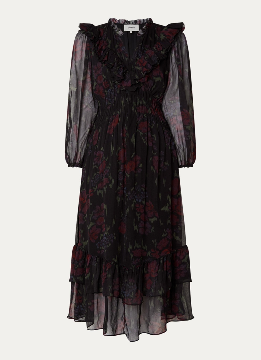 ba&sh Dova maxi jurk met volant en print - voorkant 3 zwart
