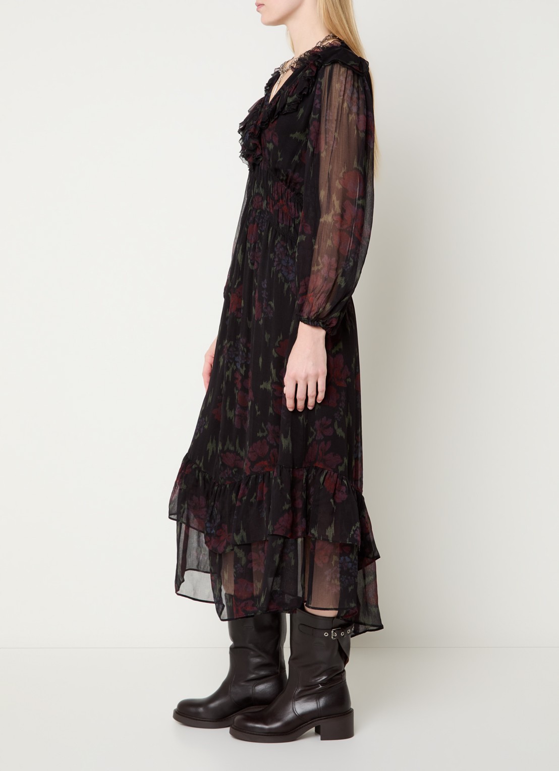 ba&sh Dova maxi jurk met volant en print - voorkant 4 zwart
