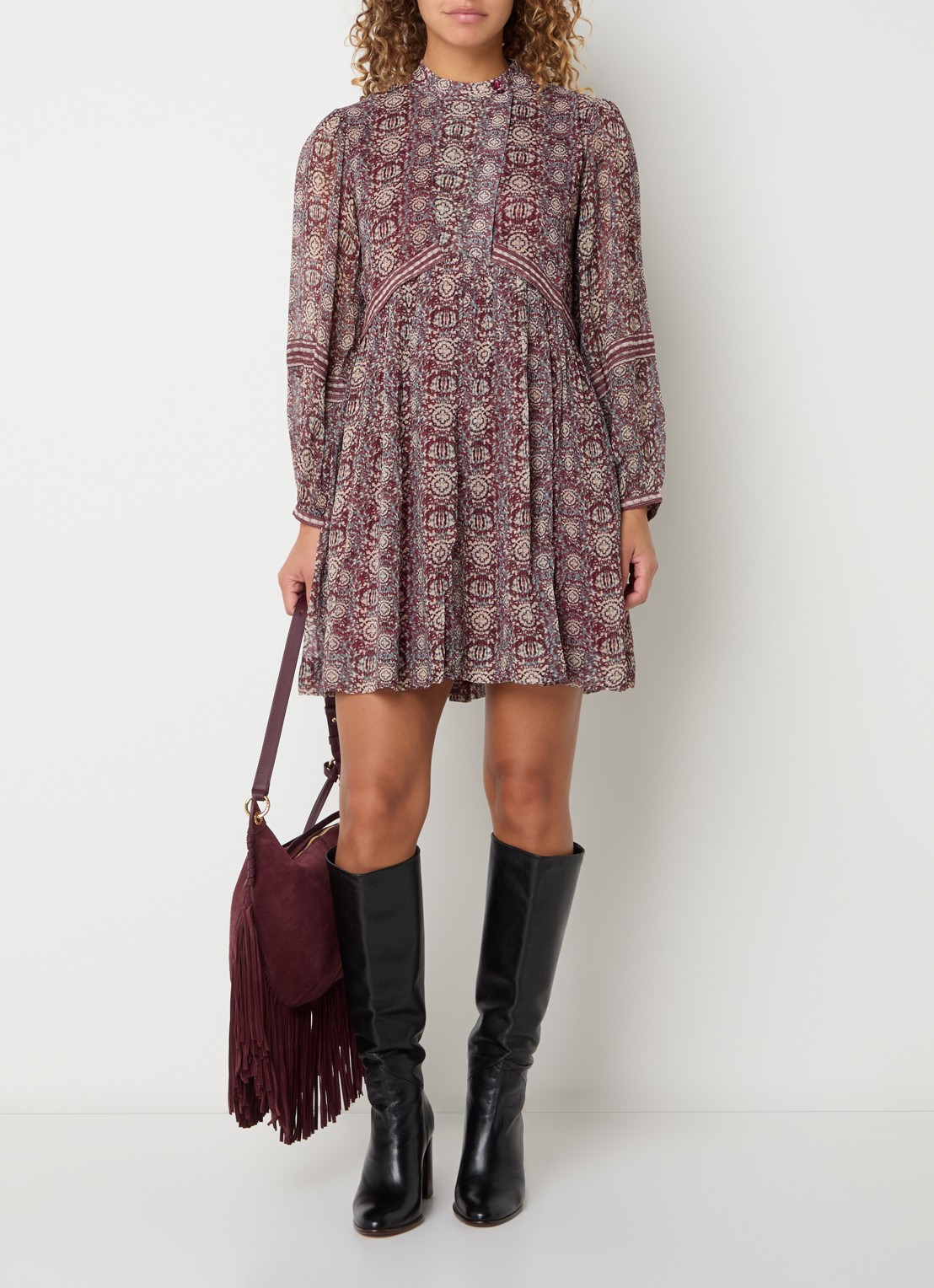 ba&sh Dune mini tuniekjurk met print - voorkant 3 cranberryrood
