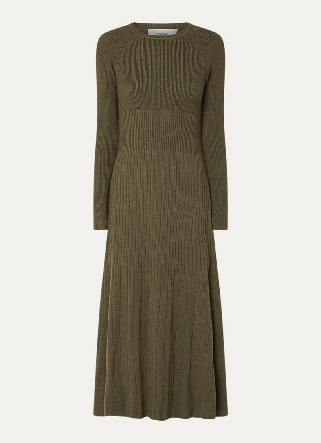 ba&sh Elise grofgebreide midi jurk in wolblend - voorkant legergroen