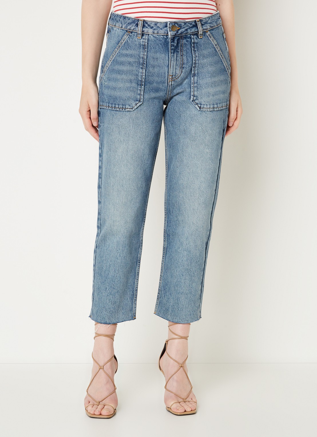 Ba&sh Elly high waist tapered fit cropped jeans met verwassen afwerking - detail indigo