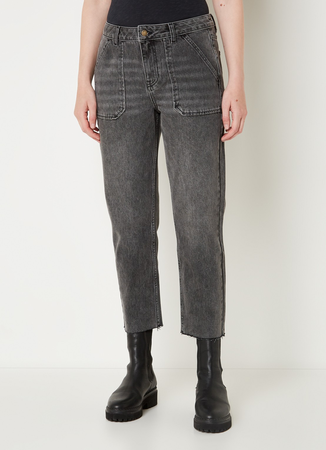 Ba&sh Elly high waist tapered fit cropped jeans met verwassen afwerking - detail 3 donkergrijs