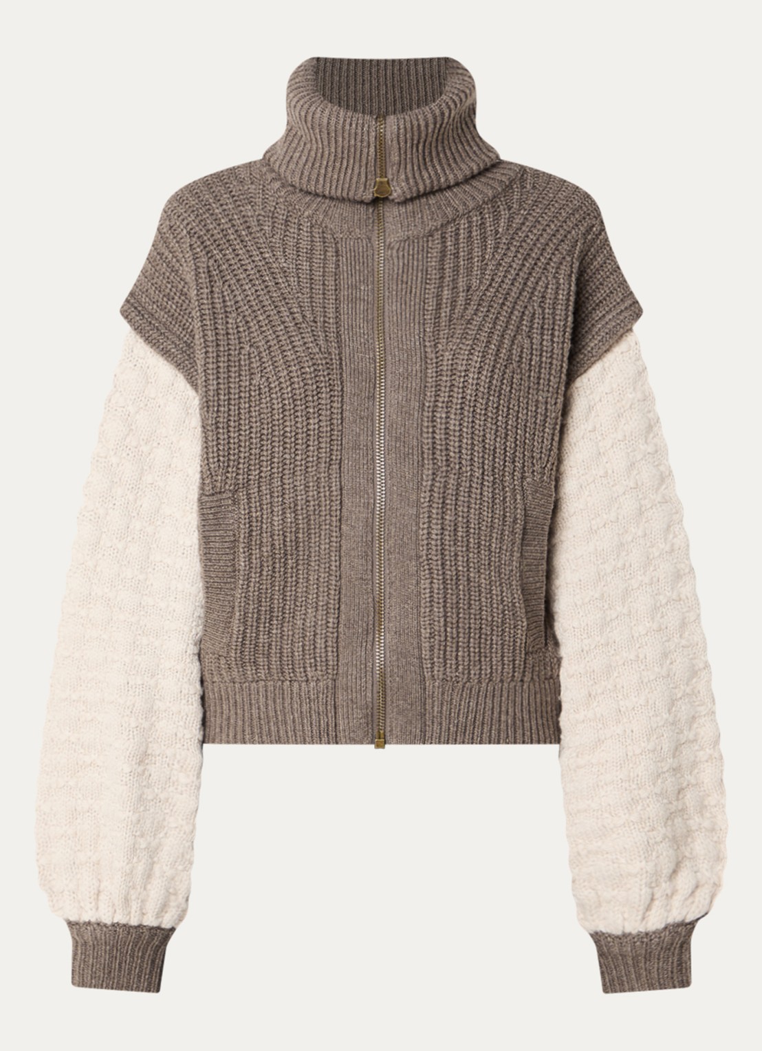 ba&sh Essen grofgebreid vest in wolblend met col en steekzakken - voorkant 3 lichtbruin