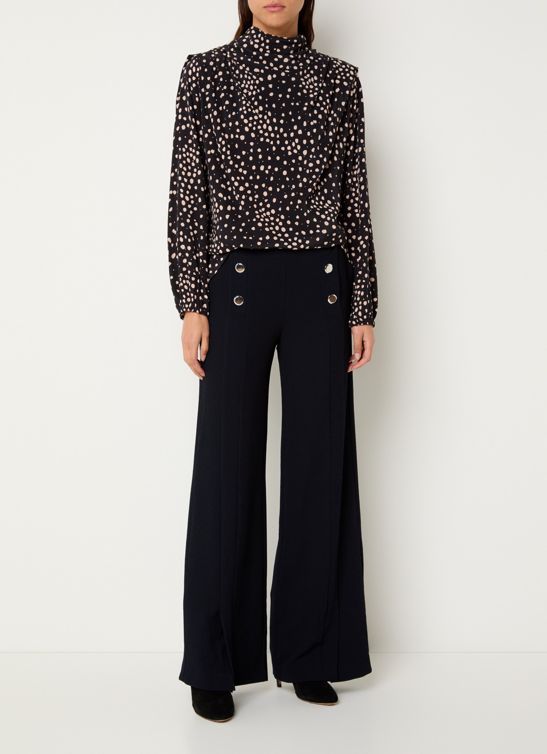 ba&sh Falcon high waist wide fit pantalon met split en sierknopen - voorkant 2 donkerblauw